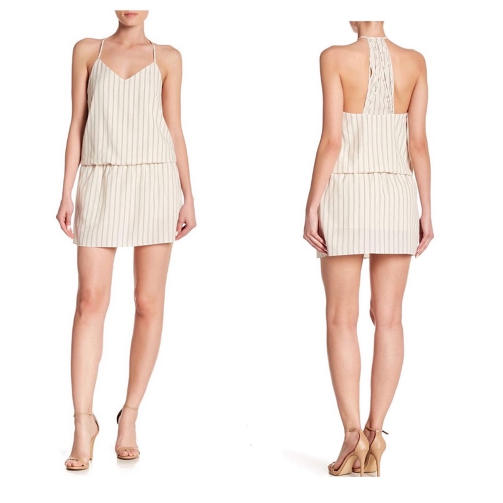 NWT Haute Hippie Mirage Blouson Waist Herringbone Stripe Mini Dress Ivory Blue S